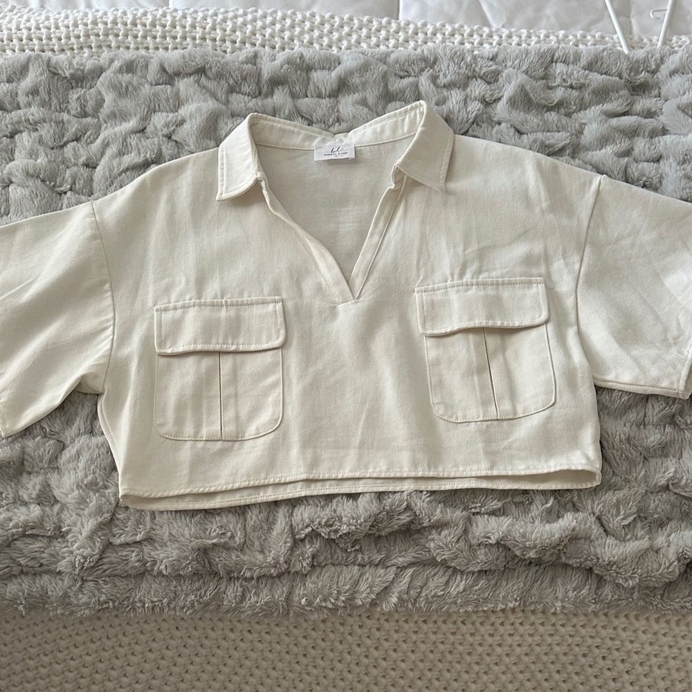 Cream Cropped Collared Top
